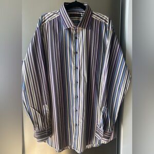 Etro Milano Striped Button Up Shirt 46 Italian Cotton Designer Purple Blue